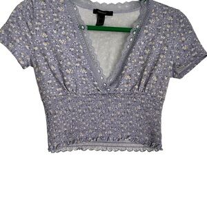Forever 21 Lavender Floral Deep V Plunging Crop Top with Smocked Waist Small